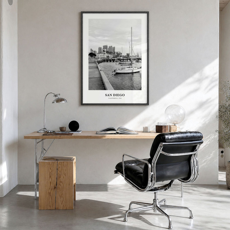 San Diego Classic No 3 Poster in a black wood frame, hanging in a bright home office