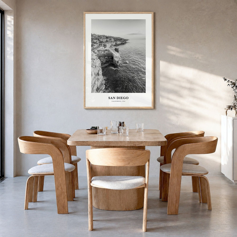 San Diego Classic No 4 Poster in a natural wood frame, hanging in a dining room