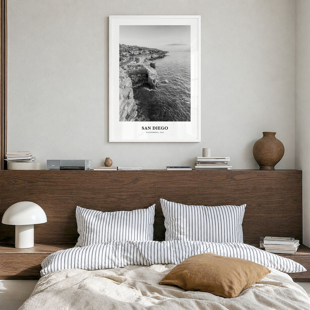 San Diego Classic No 4 Poster in a white wood frame, hanging in a bedroom