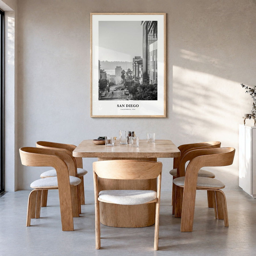 San Diego Classic No 5 Poster in a natural wood frame, hanging in a dining room