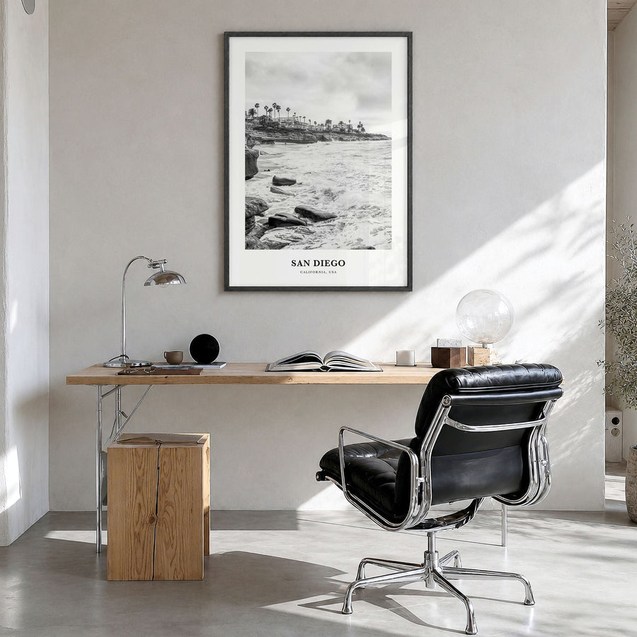 San Diego Classic No 8 Poster in a black wood frame, hanging in a bright home office