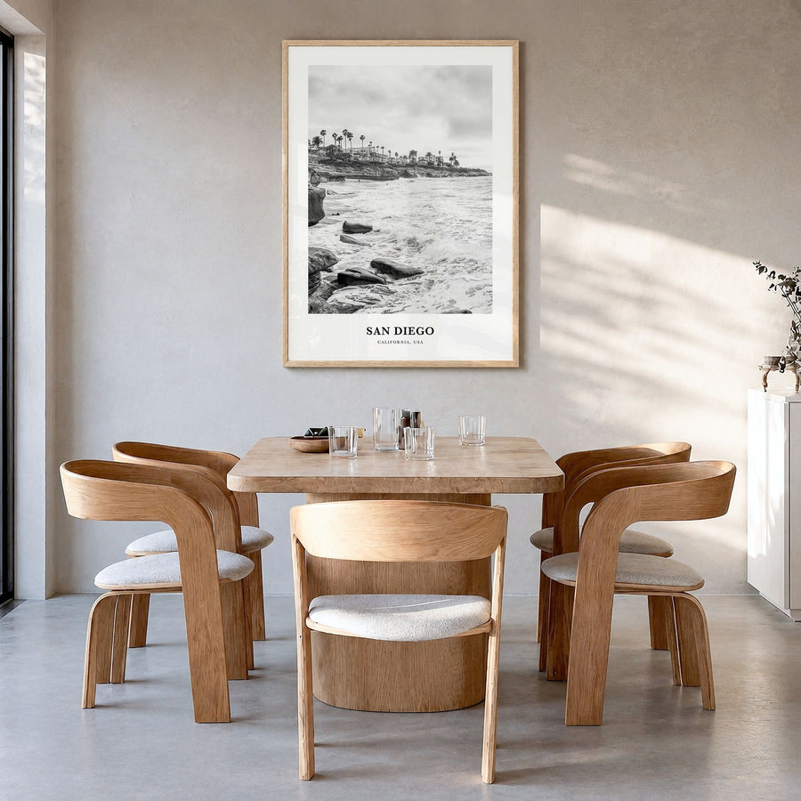 San Diego Classic No 8 Poster in a natural wood frame, hanging in a dining room