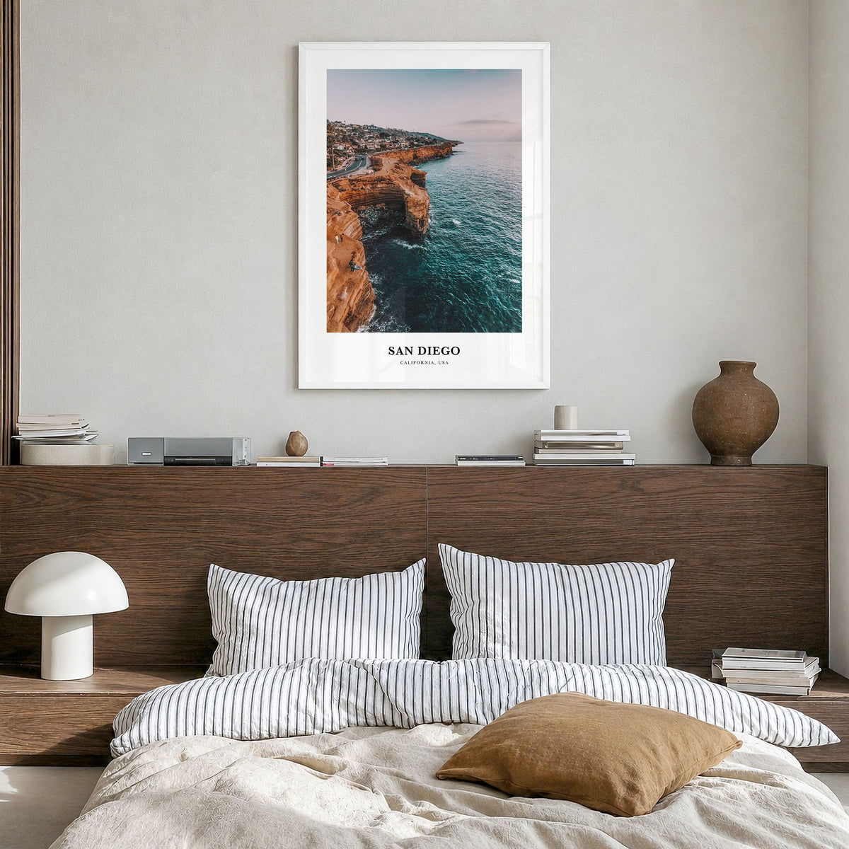 San Diego Classic No 1 Poster in a white wood frame, hanging in a bedroom