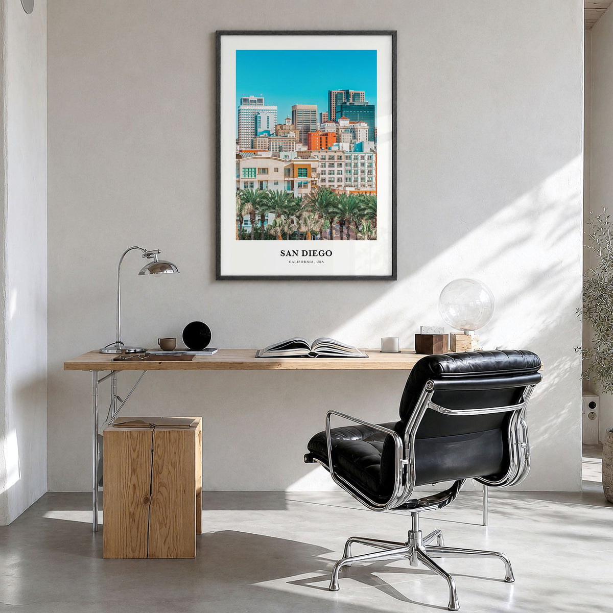 San Diego Classic No 2 Poster in a black wood frame, hanging in a bright home office