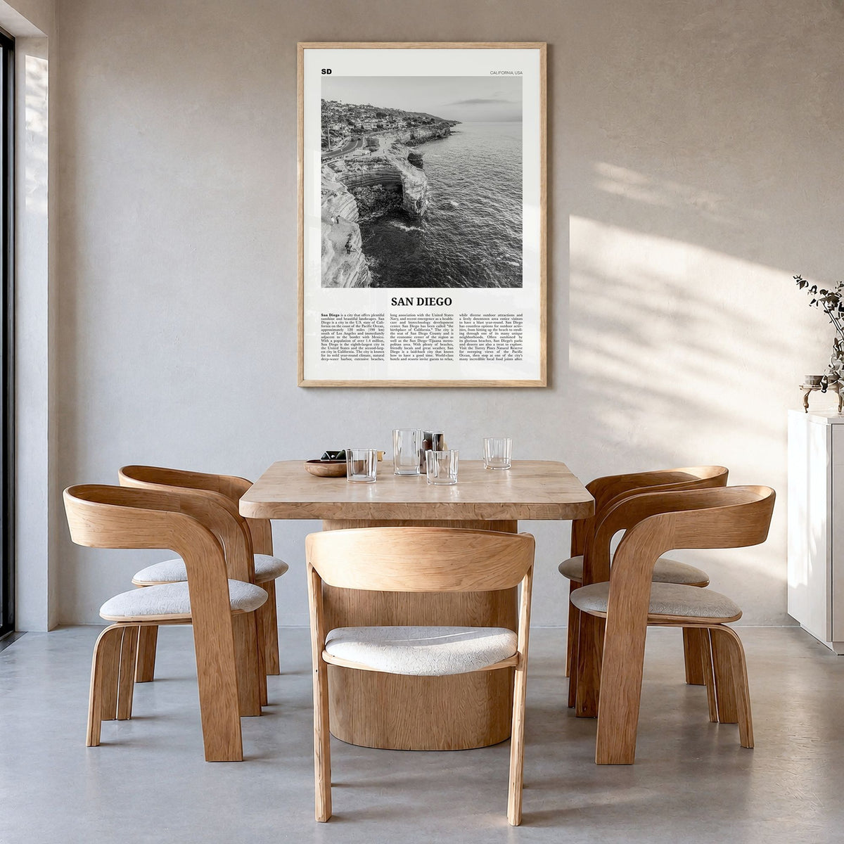 San Diego Newspaper No 2 Poster in a natural wood frame, hanging in a dining room