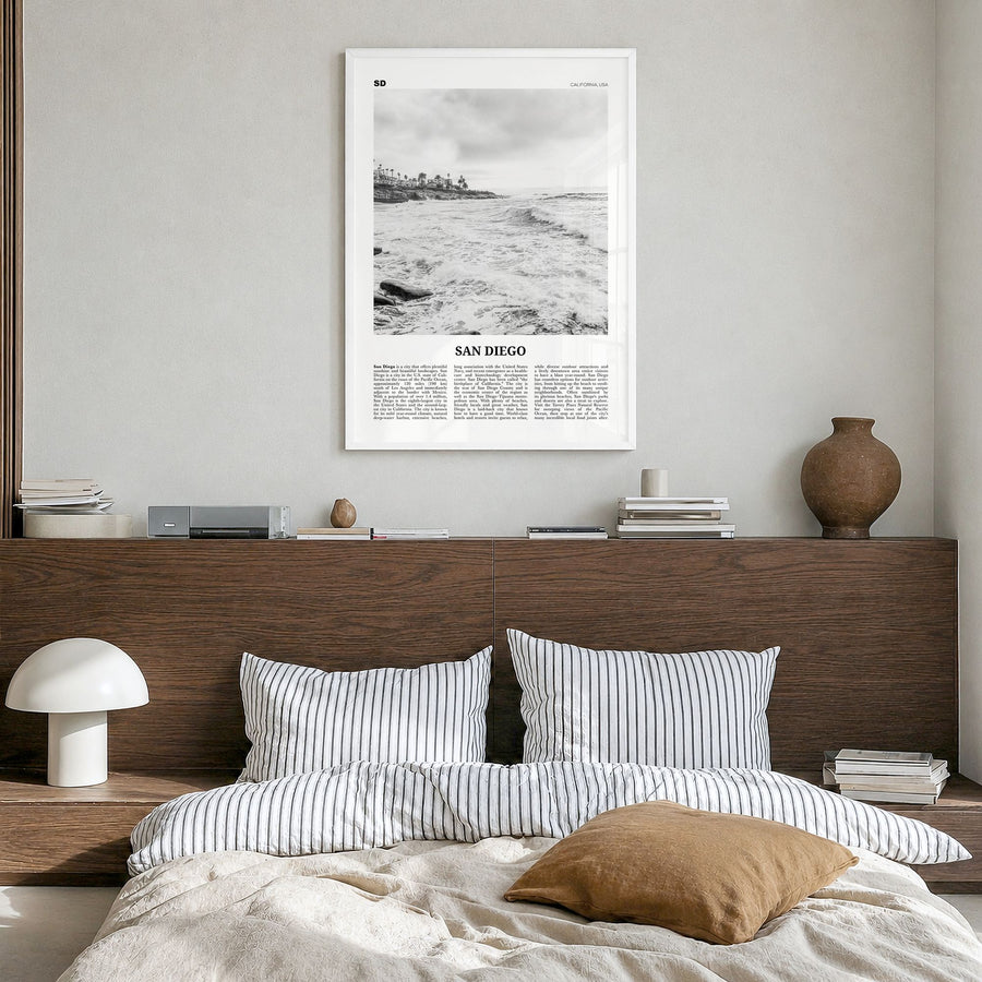San Diego Newspaper No 4 Poster in a white wood frame, hanging in a bedroom