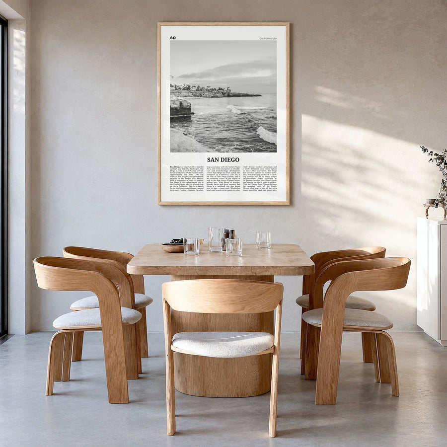 San Diego Newspaper No 8 Poster in a natural wood frame, hanging in a dining room
