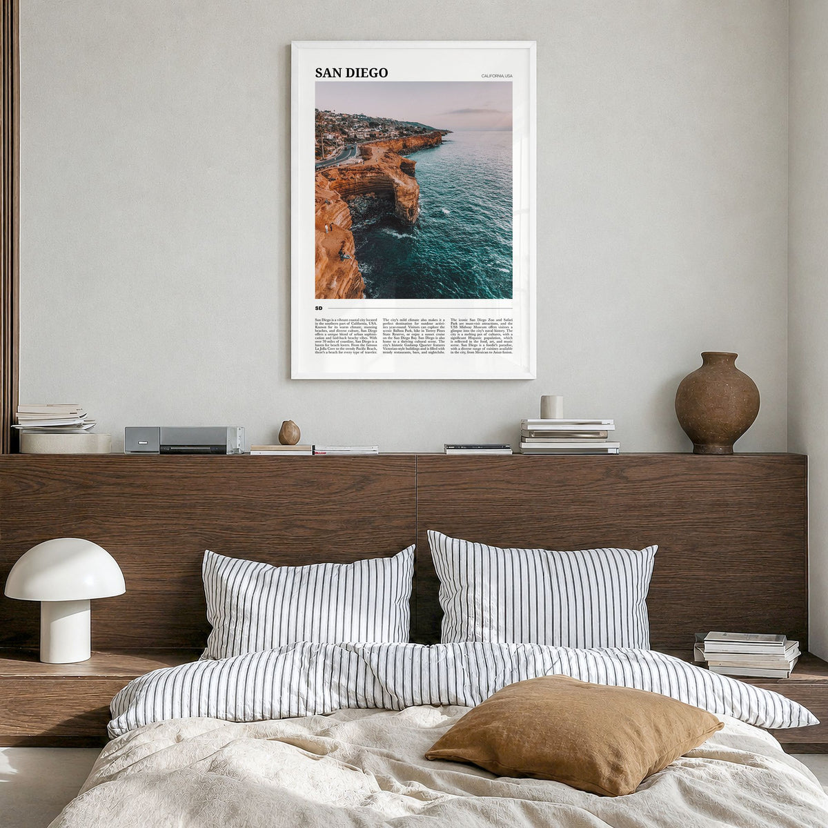 San Diego Travel No 1 Poster in a white wood frame, hanging in a bedroom