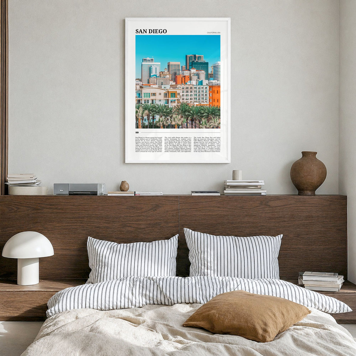 San Diego Travel No 2 Poster in a white wood frame, hanging in a bedroom