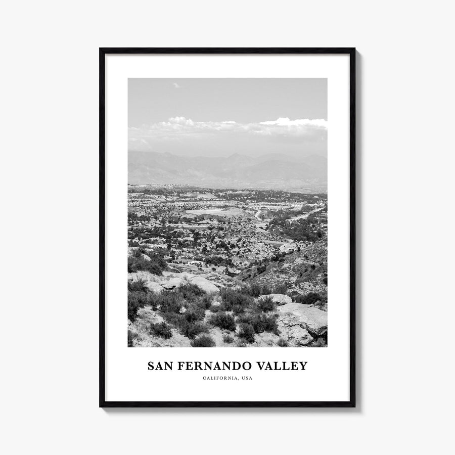 San Fernando Valley black & white classic poster of California, USA – vertical wall art, unframed print shown in interior moc
