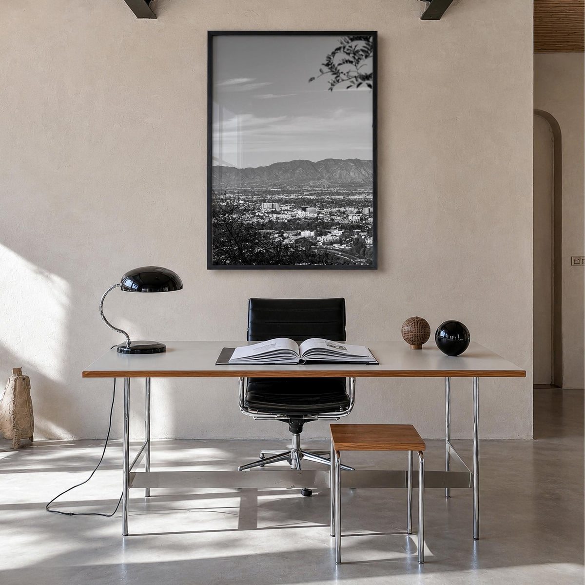 San Fernando Valley black & white photo poster of California, USA – vertical wall art in black wood frame, hanging on wall