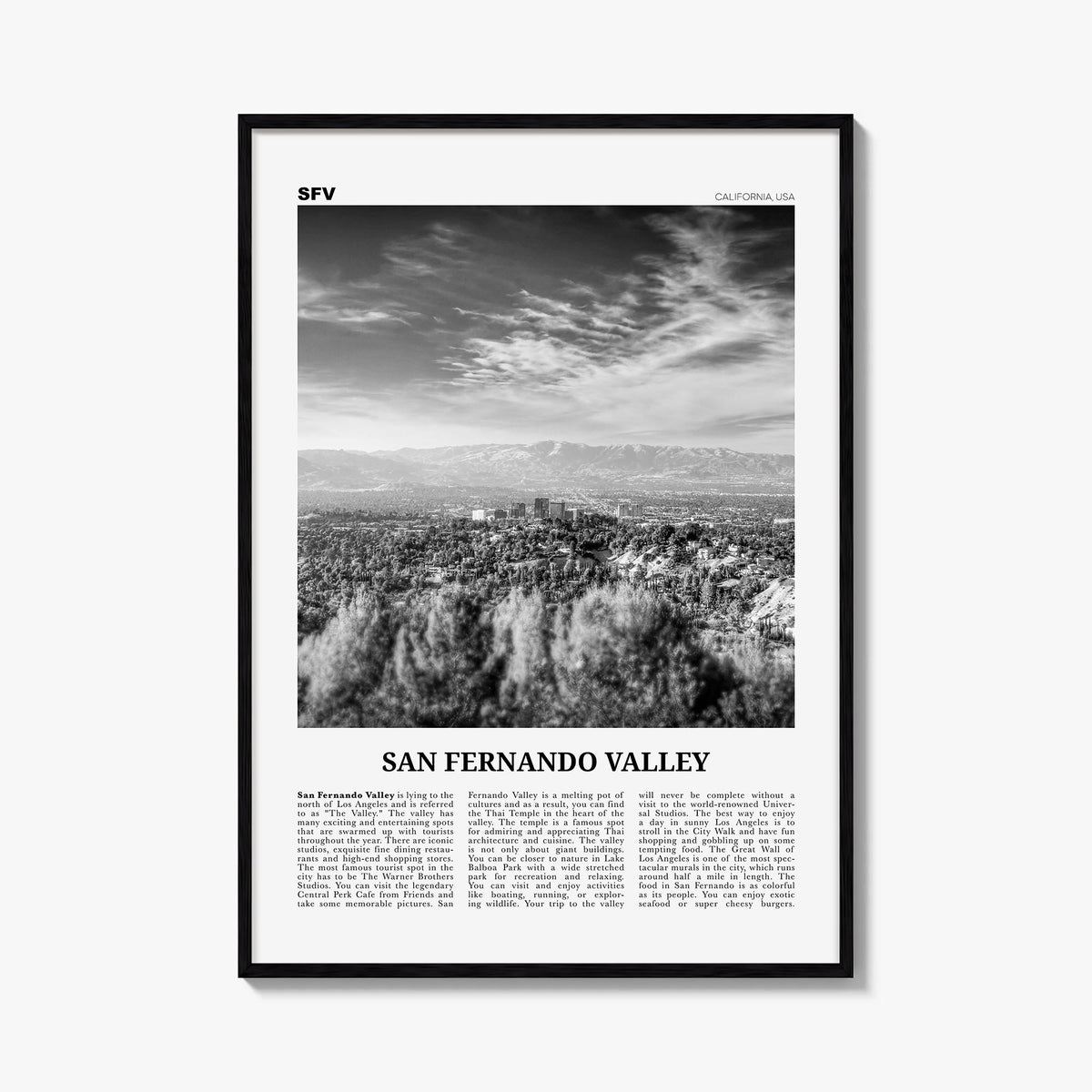 San Fernando Valley no. 2 black & white newspaper poster of California, USA – vertical wall art, unframed print shown in inte