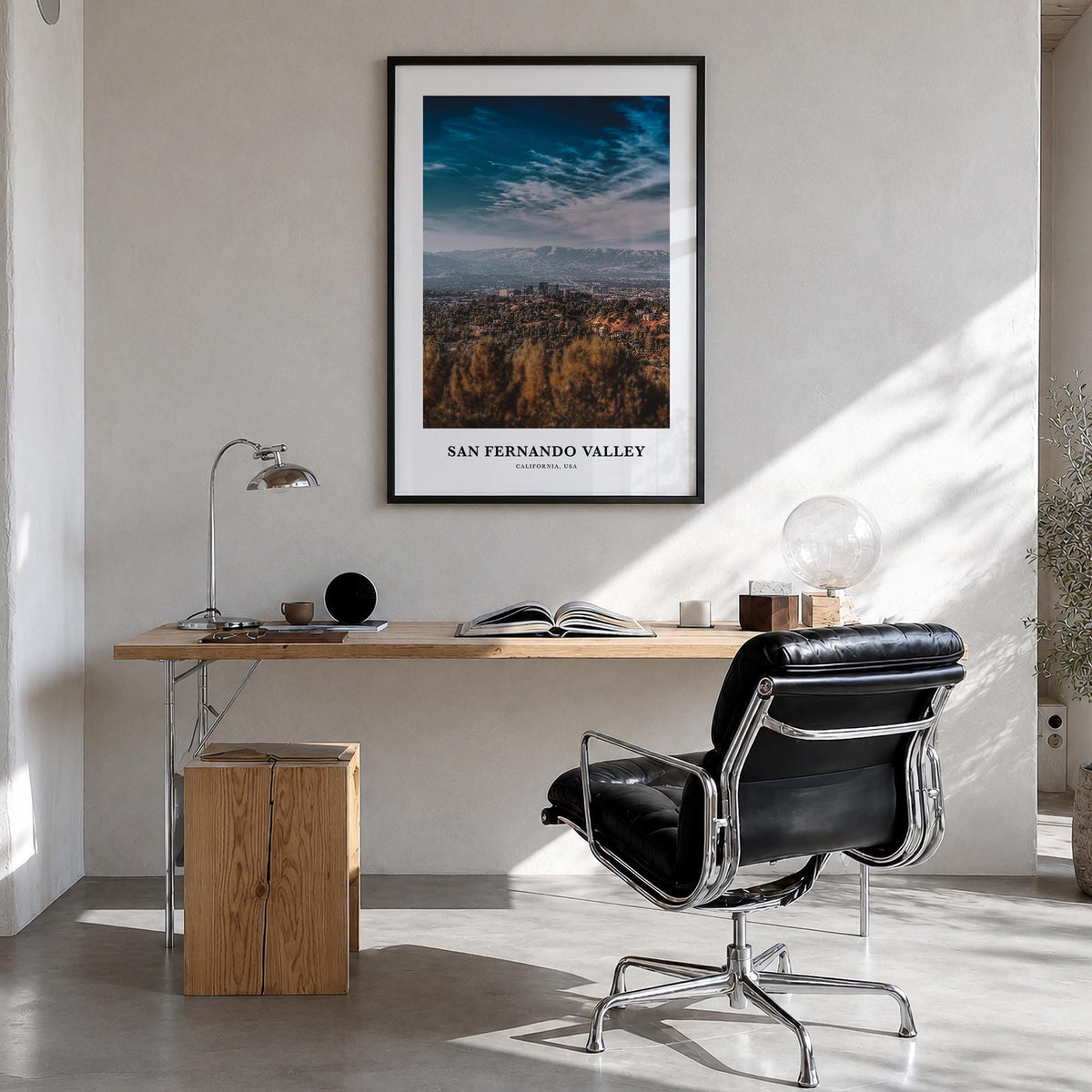 San Fernando Valley no. 3 colorful classic poster of California, USA – vertical wall art in black wood frame, hanging on wall