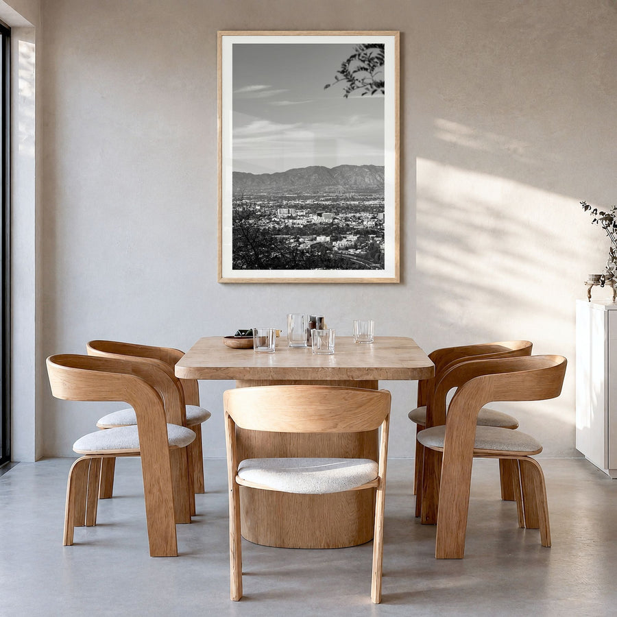 San Fernando Valley Photo Poster in a natural wood frame, hanging in a dining room, white border