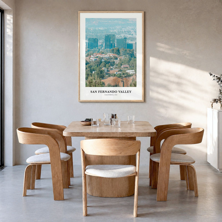 San Fernando Valley Classic No 1 Poster in a natural wood frame, hanging in a dining room