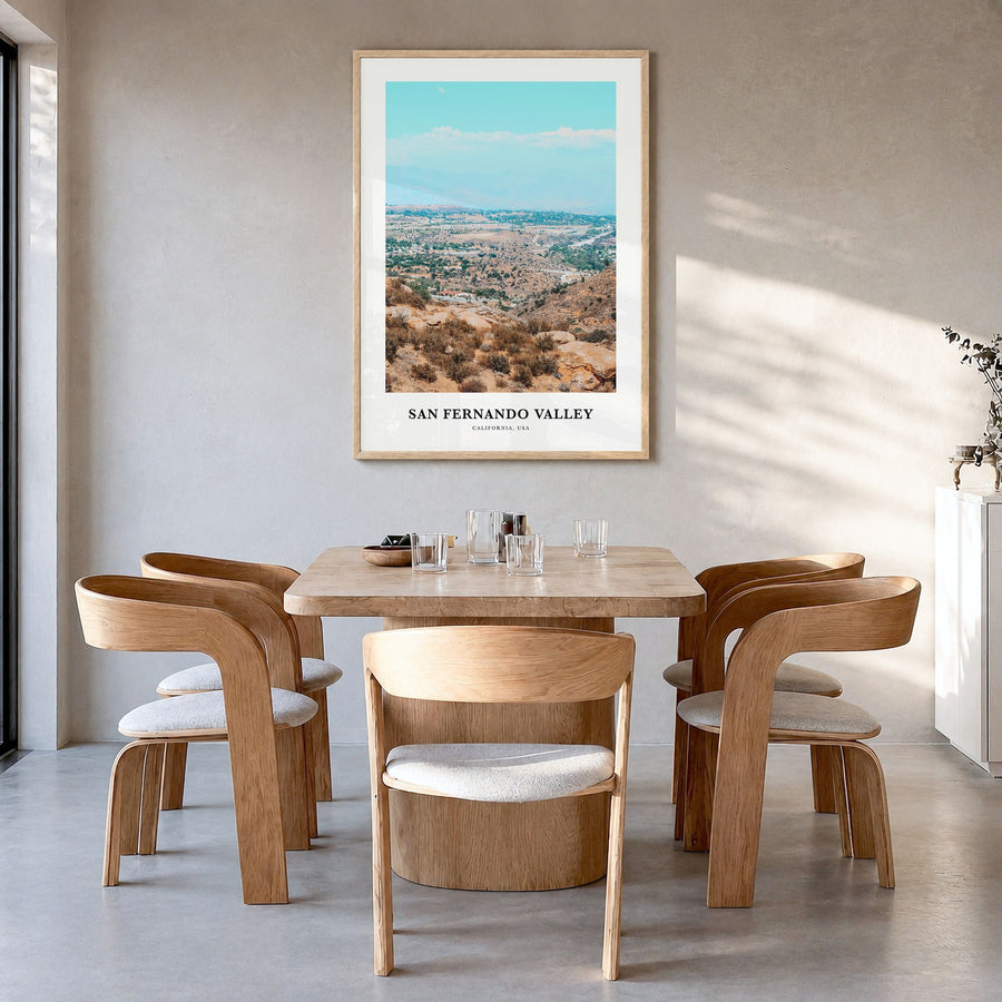 San Fernando Valley Classic No 2 Poster in a natural wood frame, hanging in a dining room
