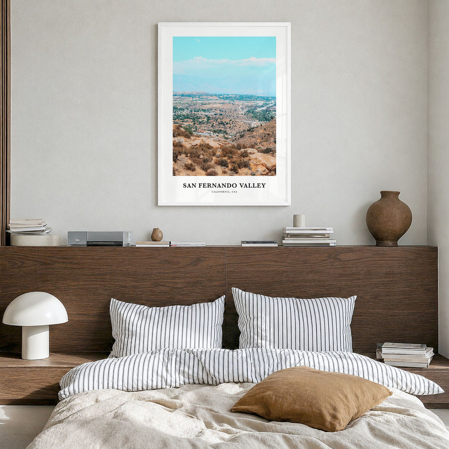 San Fernando Valley Classic No 2 Poster in a white wood frame, hanging in a bedroom