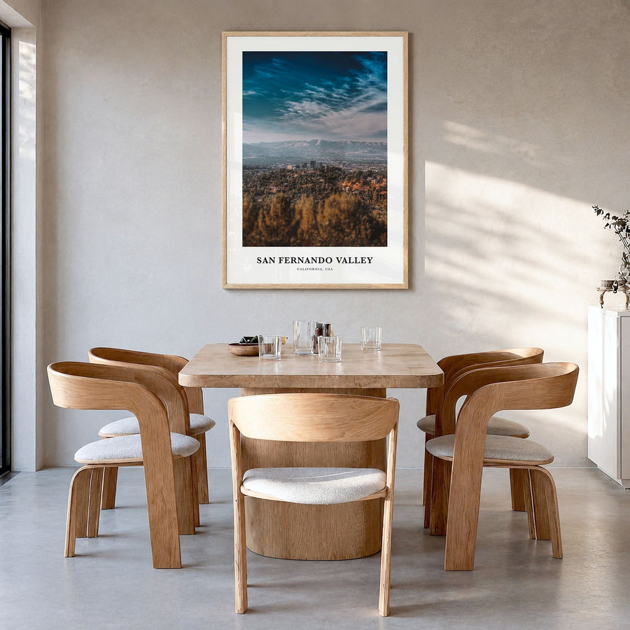 San Fernando Valley Classic No 3 Poster in a natural wood frame, hanging in a dining room