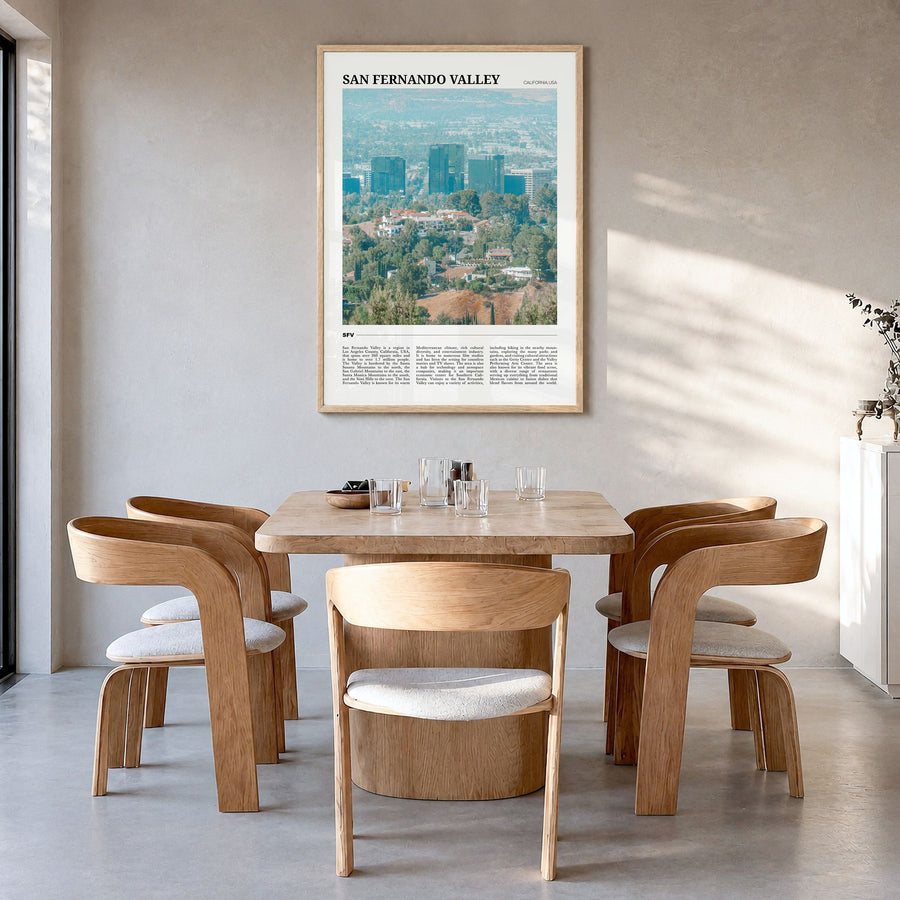San Fernando Valley Travel No 1 Poster in a natural wood frame, hanging in a dining room