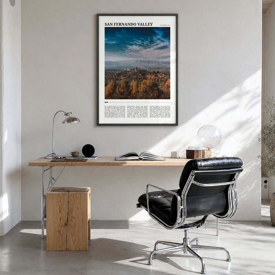 San Fernando Valley Travel No 2 Poster in a black wood frame, hanging in a bright home office
