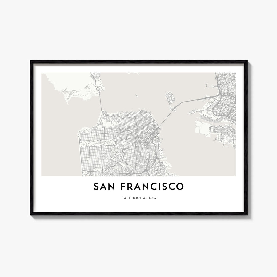 San Francisco black & white map poster of California, USA – horizontal wall art, unframed print shown in interior mockup