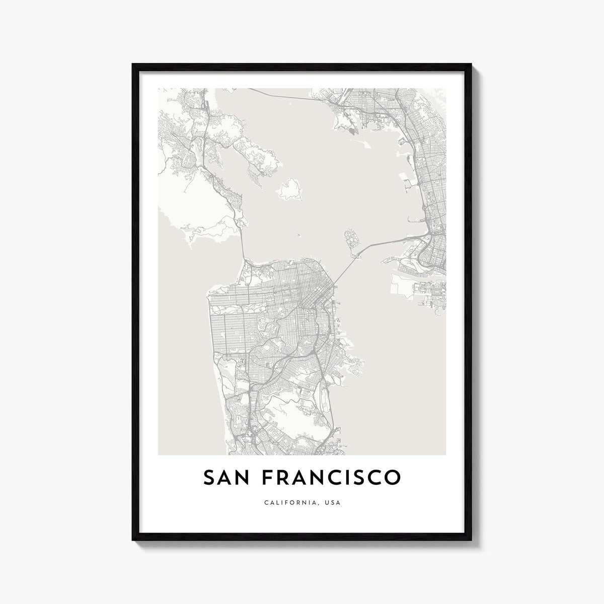 San Francisco black & white map poster of California, USA – vertical wall art, unframed print shown in interior mockup
