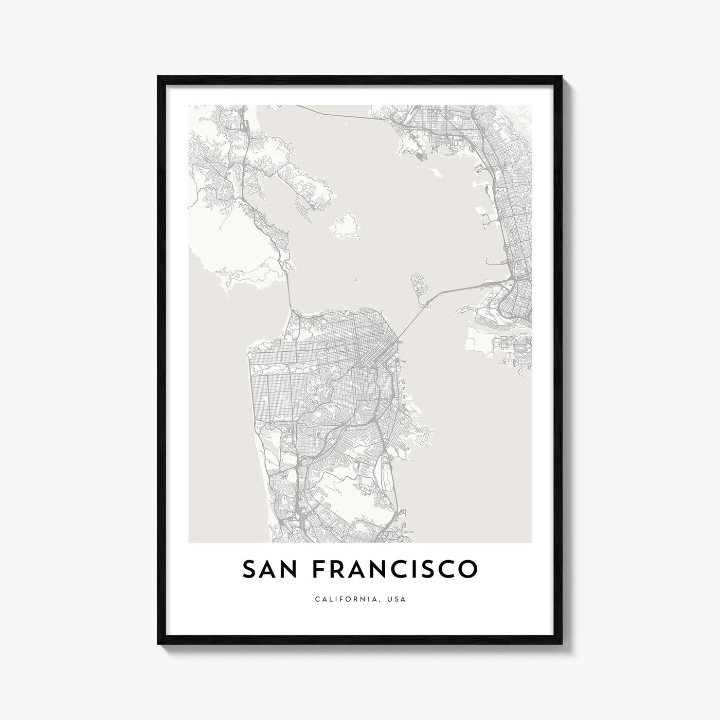 San Francisco black & white map poster of California, USA – vertical wall art, unframed print shown in interior mockup