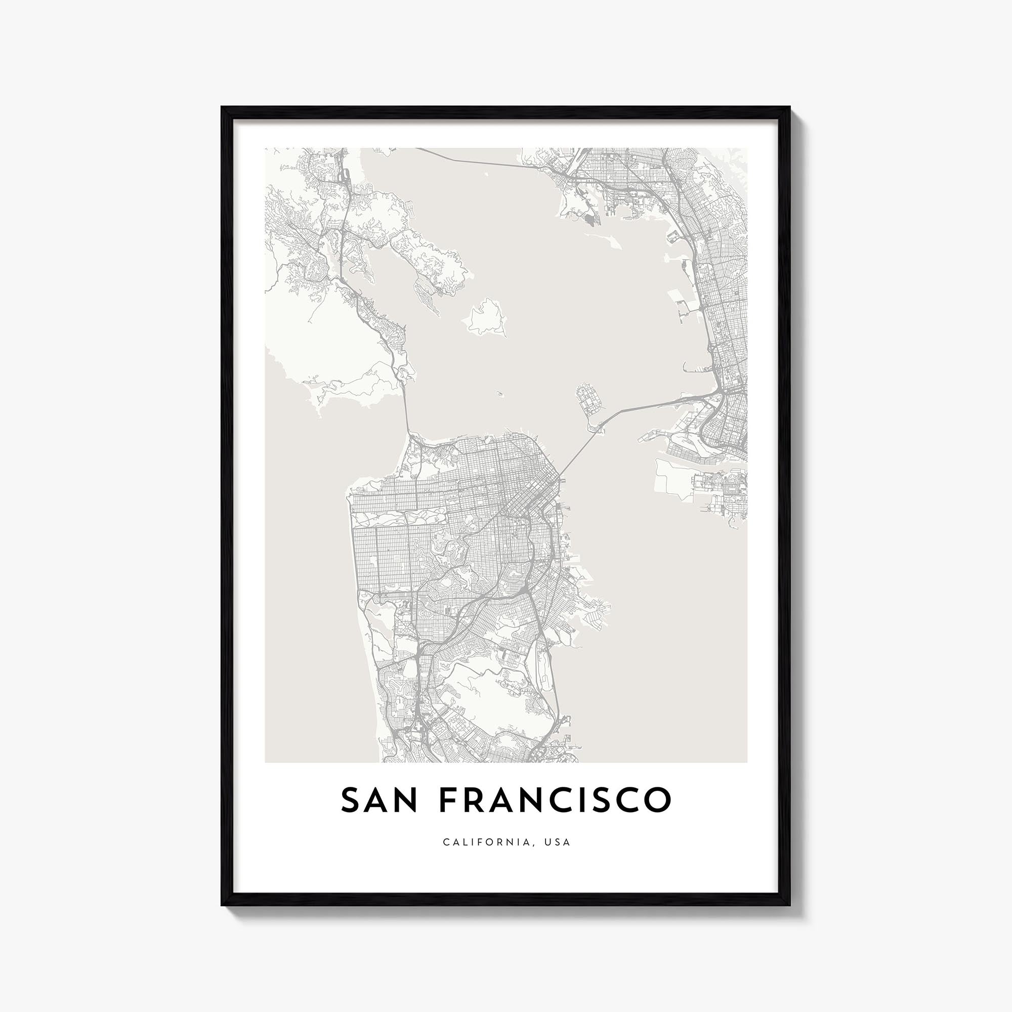 San Francisco black & white map poster of California, USA – vertical wall art, unframed print shown in interior mockup