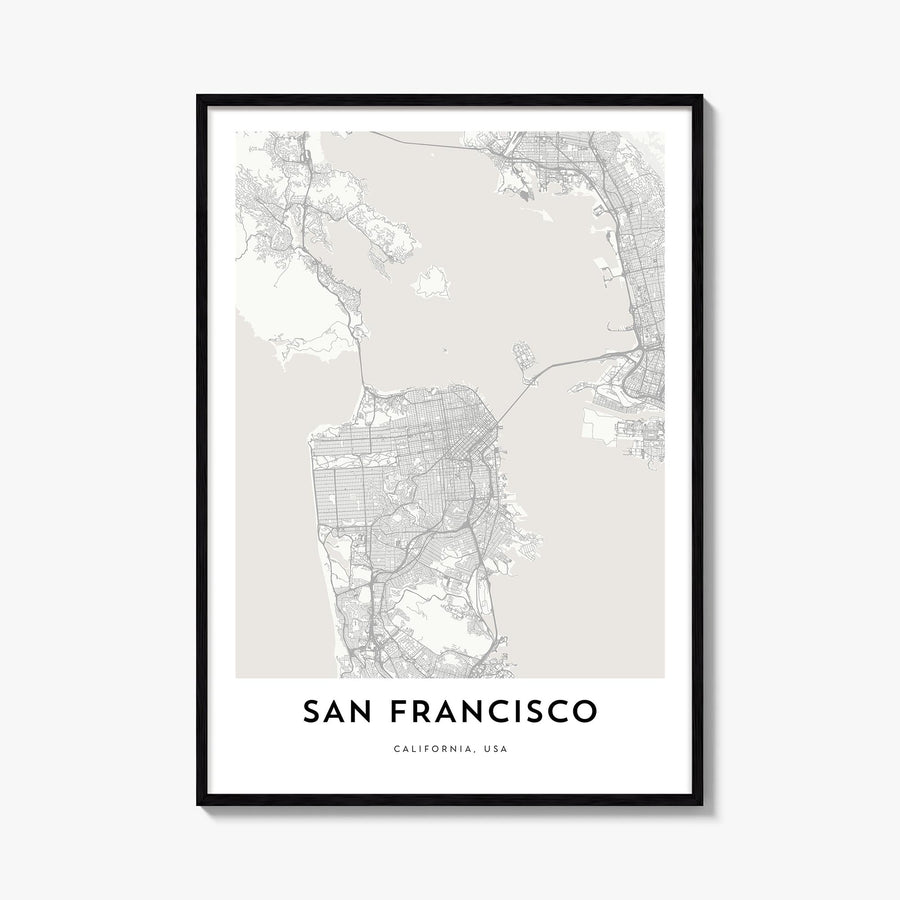 San Francisco black & white map poster of California, USA – vertical wall art, unframed print shown in interior mockup