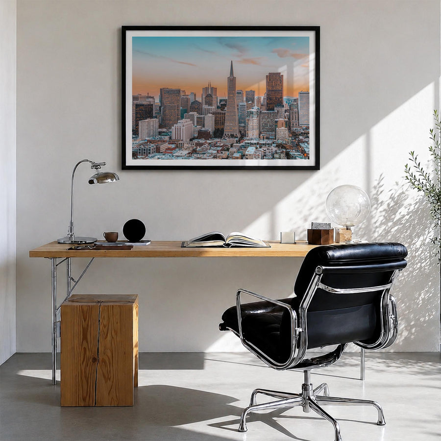 San Francisco colorful photo poster of California, USA – horizontal wall art in black wood frame with white border, hanging o