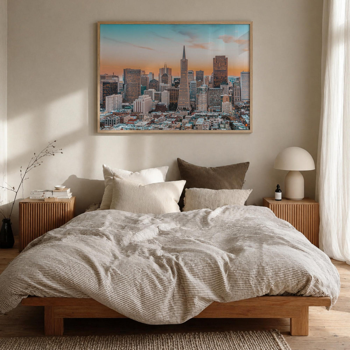 San Francisco colorful photo poster of California, USA – horizontal wall art in natural wood frame, hanging on wall