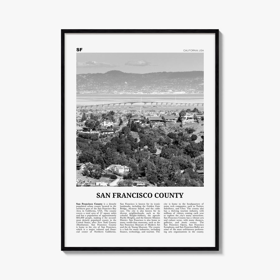 San Francisco County black & white newspaper poster of California, USA – vertical wall art, unframed print shown in interior 
