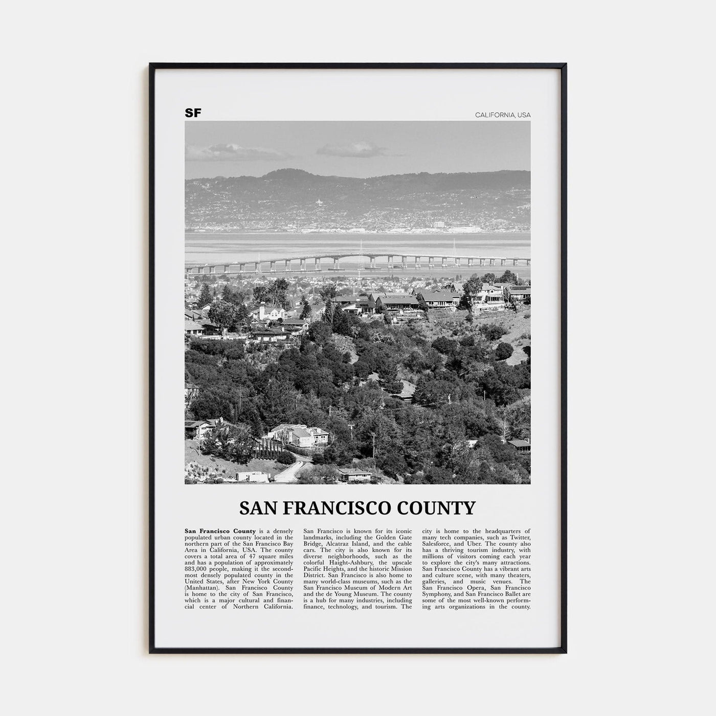 San Francisco County Poster Black Metal / 8x12 in Nbourhood Travel B&W Poster