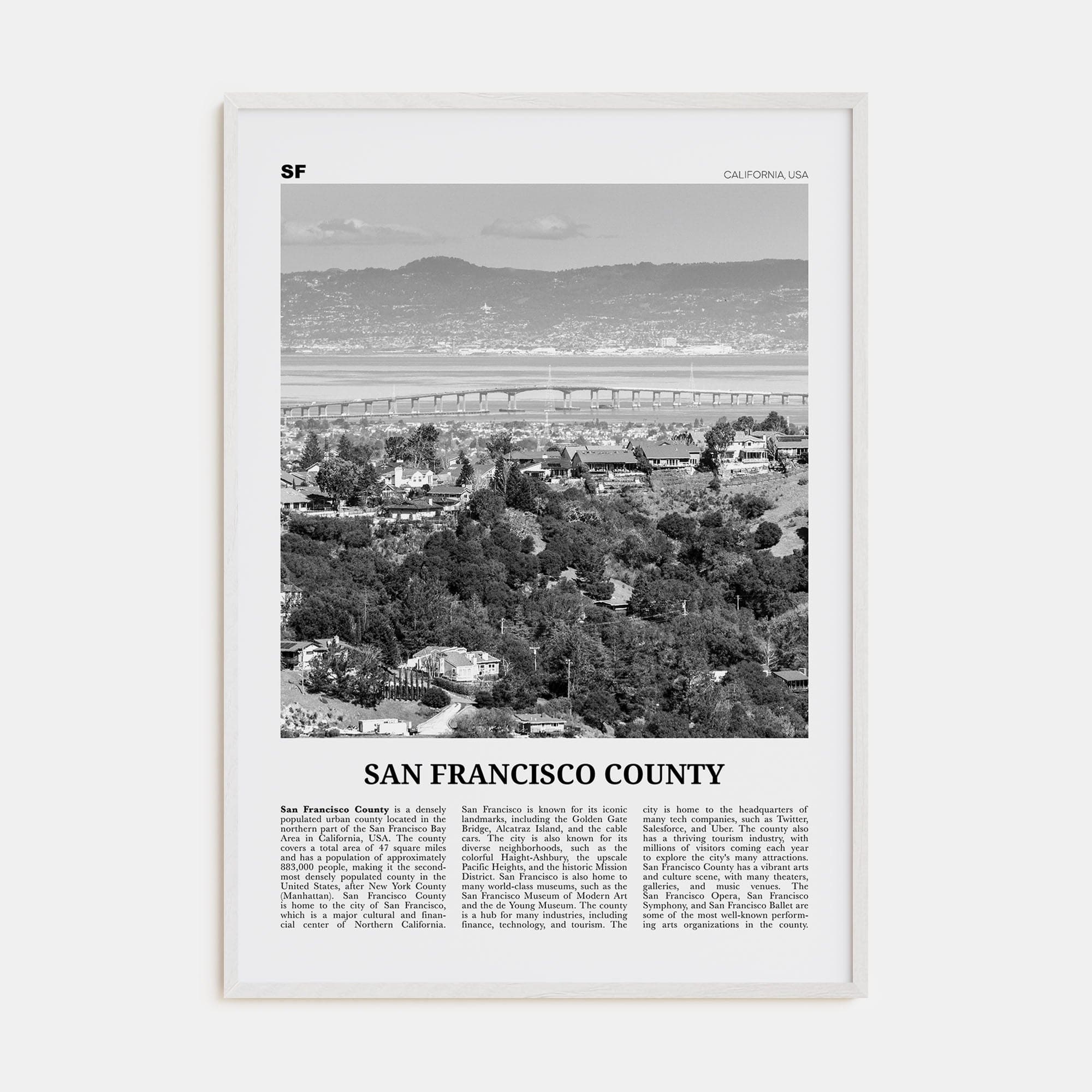 San Francisco County Poster White Wood / 8x12 in Nbourhood Travel B&W Poster