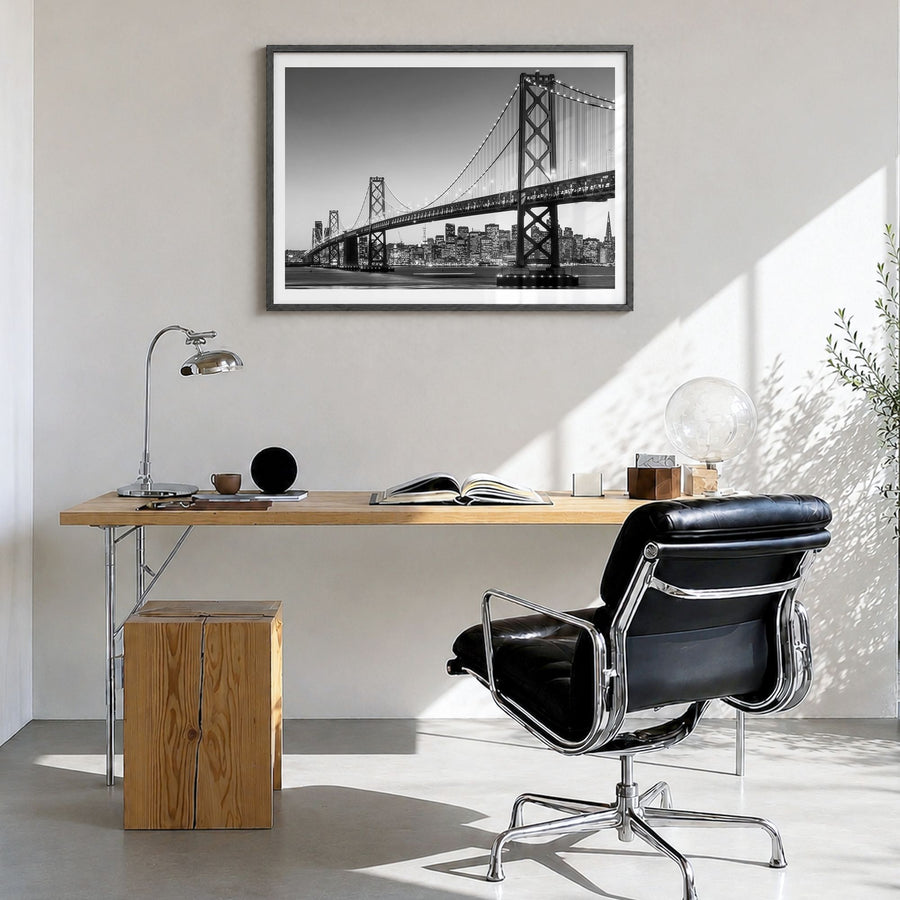 San Francisco Photo No 1 Poster in a black wood frame, hanging in a bright home office, white border
