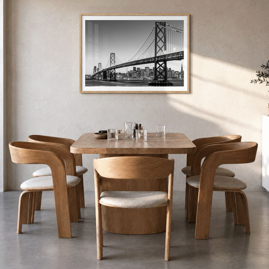 San Francisco Photo No 1 Poster in a natural wood frame, hanging in a dining room, white border
