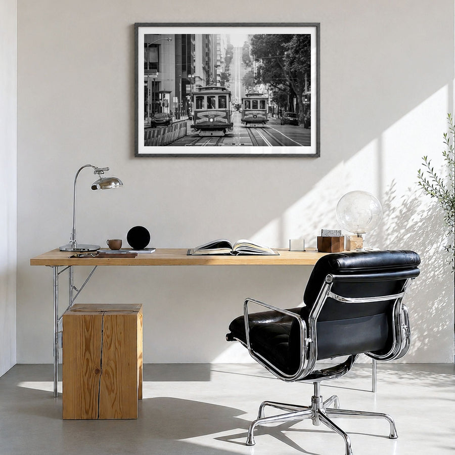 San Francisco Photo No 2 Poster in a black wood frame, hanging in a bright home office, white border