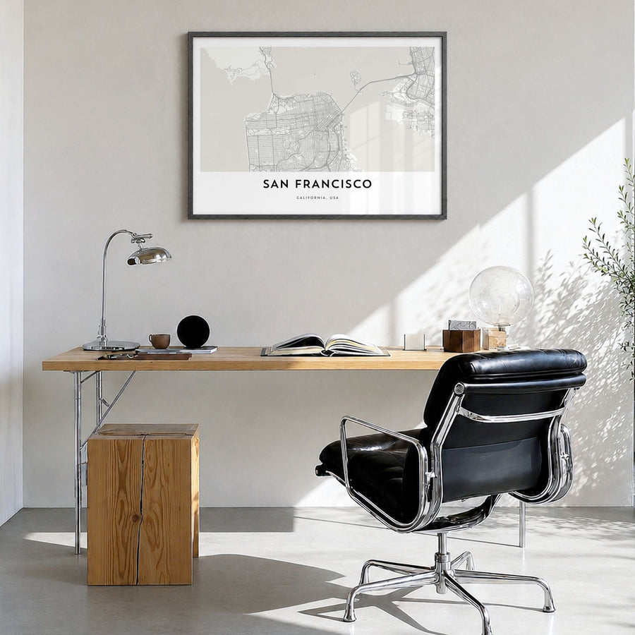 San Francisco Map Poster in a black wood frame, hanging in a bright home office