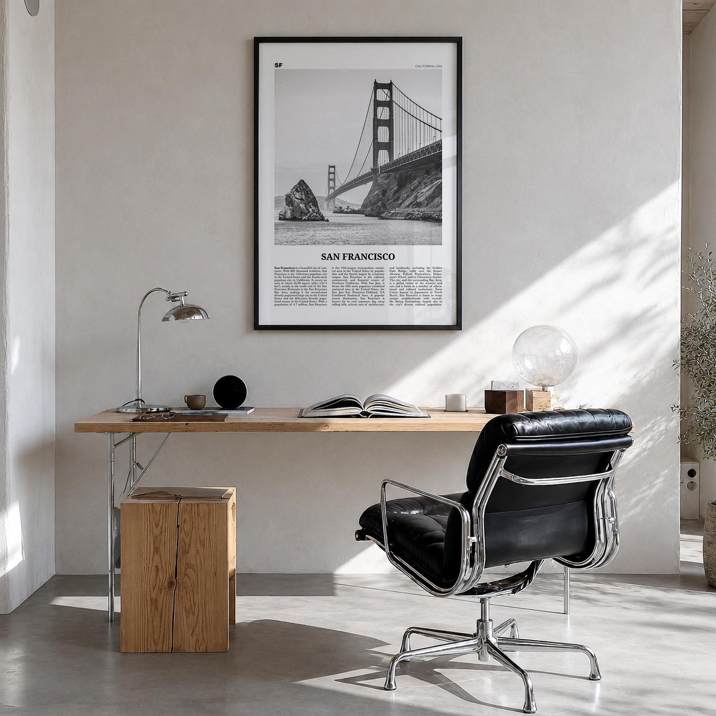 San Francisco no. 1 black & white newspaper poster of California, USA – vertical wall art in black wood frame, hanging on wal