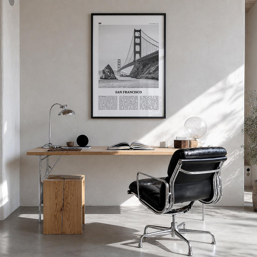 San Francisco no. 1 black & white newspaper poster of California, USA – vertical wall art in black wood frame, hanging on wal