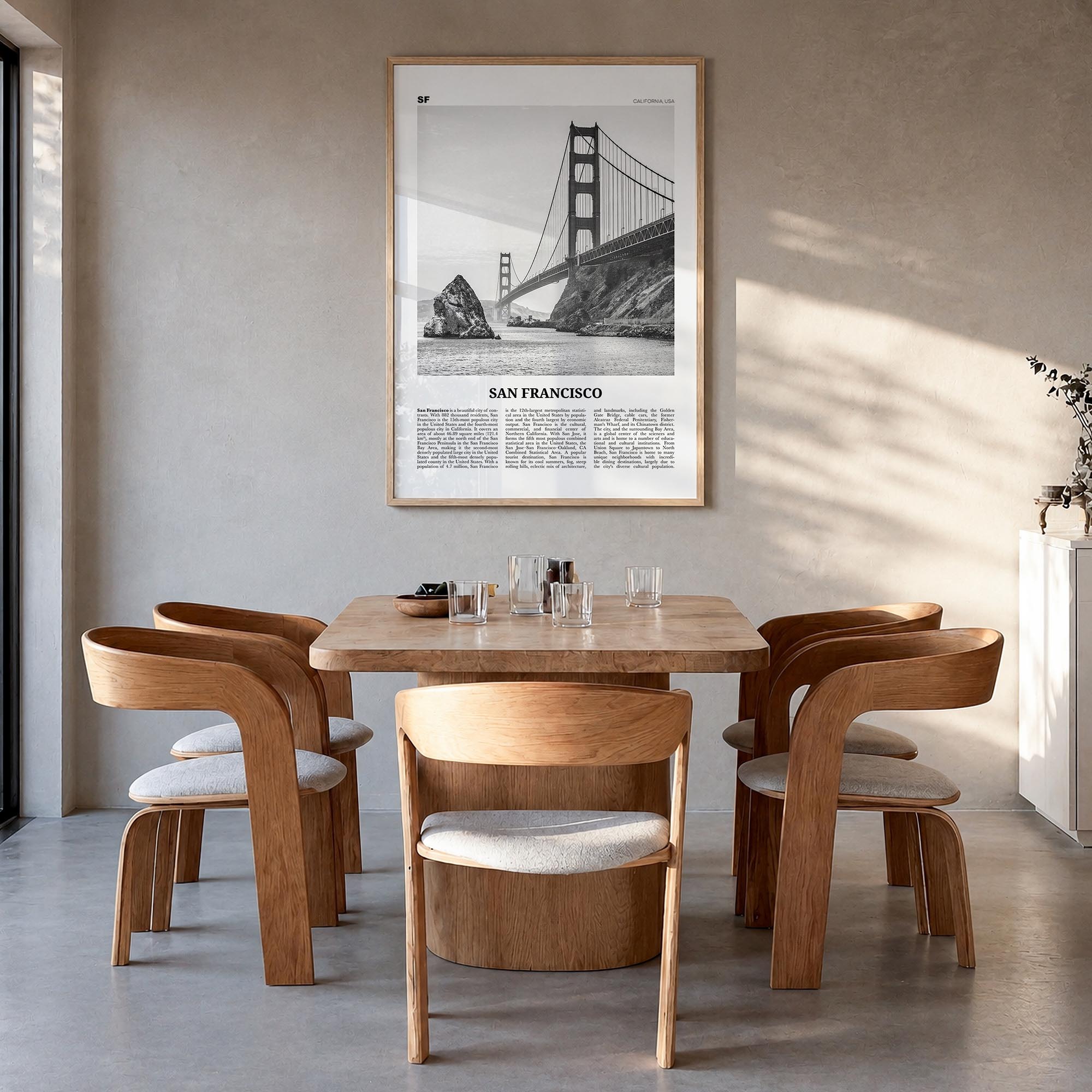 San Francisco no. 1 black & white newspaper poster of California, USA – vertical wall art in natural wood frame, hanging on w