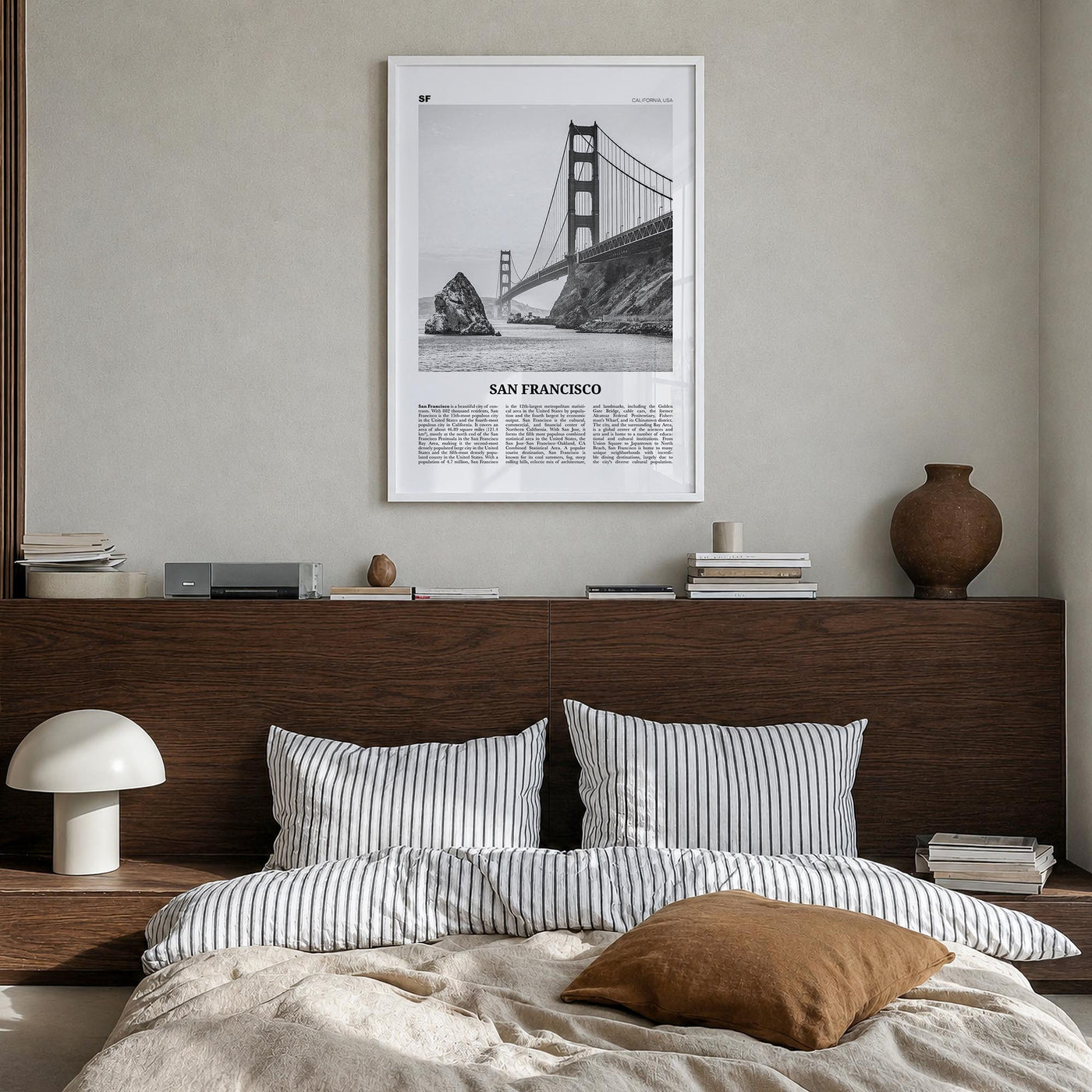 San Francisco no. 1 black & white newspaper poster of California, USA – vertical wall art in white wood frame, hanging on wal
