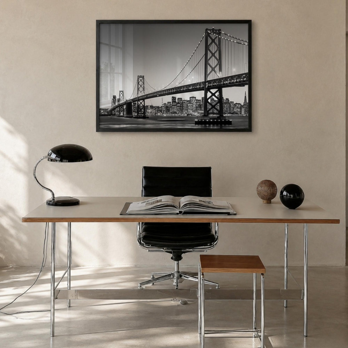 San Francisco no. 1 black & white photo poster of California, USA – horizontal wall art in black wood frame, hanging on wall
