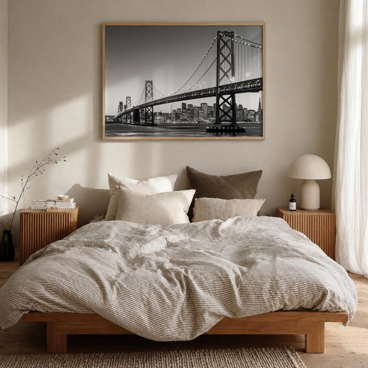 San Francisco no. 1 black & white photo poster of California, USA – horizontal wall art in natural wood frame, hanging on wal