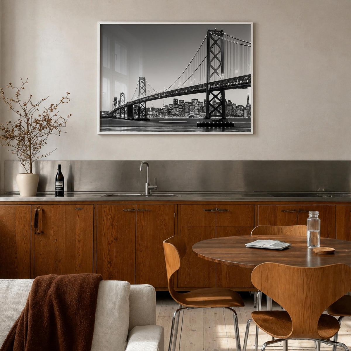 San Francisco no. 1 black & white photo poster of California, USA – horizontal wall art in white wood frame, hanging on wall