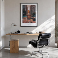 San Francisco no. 1 colorful classic poster of California, USA – vertical wall art in black wood frame, hanging on wall