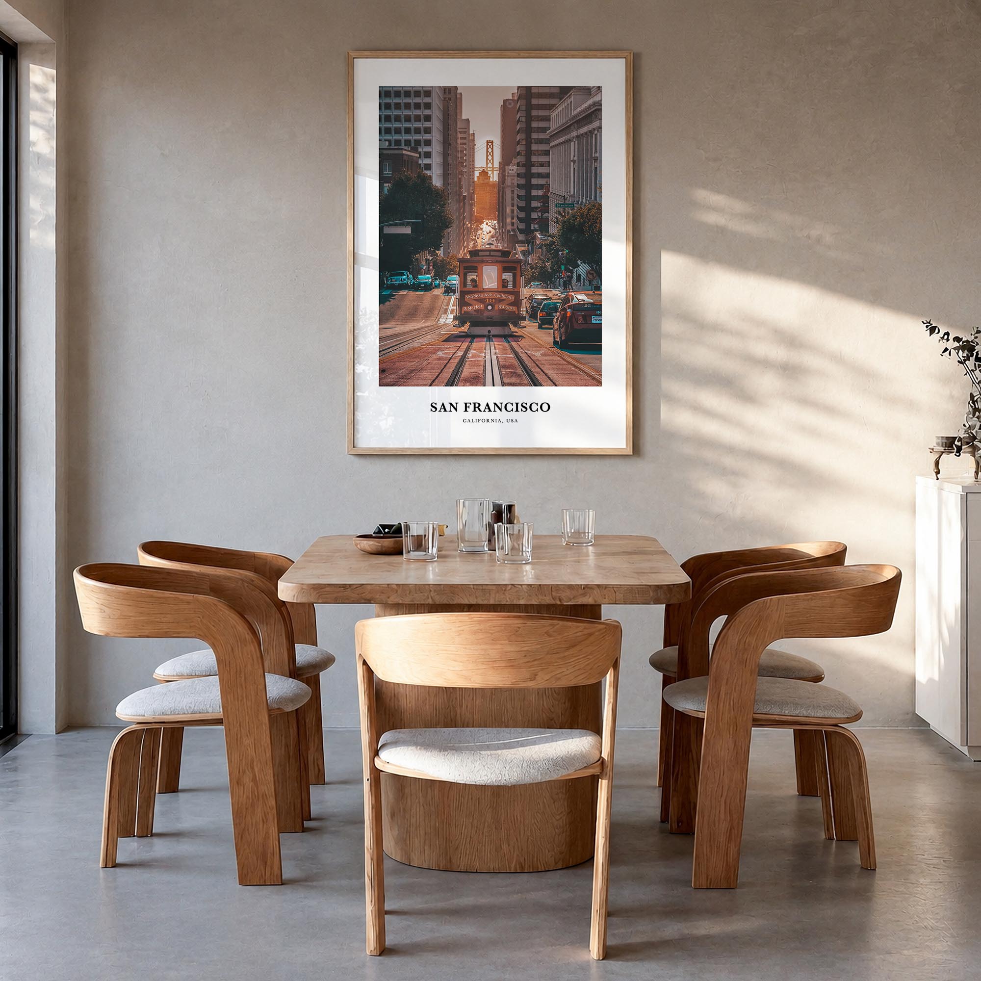 San Francisco no. 1 colorful classic poster of California, USA – vertical wall art in natural wood frame, hanging on wall