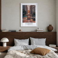 San Francisco no. 1 colorful classic poster of California, USA – vertical wall art in white wood frame, hanging on wall
