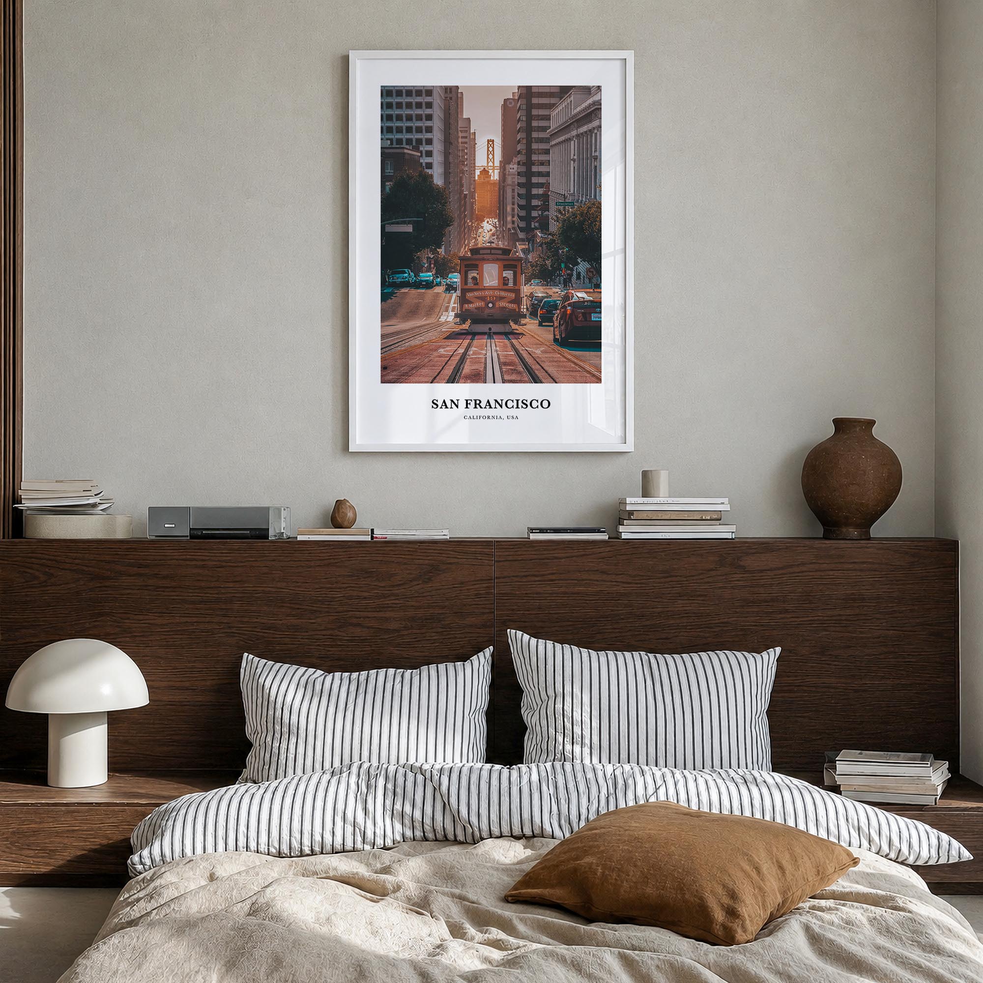 San Francisco no. 1 colorful classic poster of California, USA – vertical wall art in white wood frame, hanging on wall