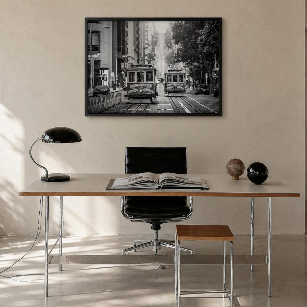San Francisco no. 2 black & white photo poster of California, USA – horizontal wall art in black wood frame, hanging on wall